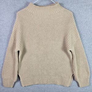 Cupcakes and Cashmere Womens XS Tan Ribbed Cotton Knit Mock Neck Sweater Slit
